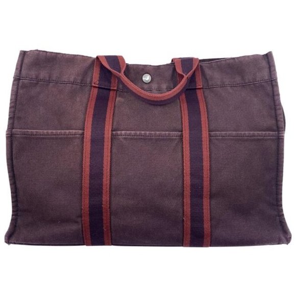 Hermes Toile Fourre Tout Mm Burgundy Fabric Tote - Picture 1 of 10